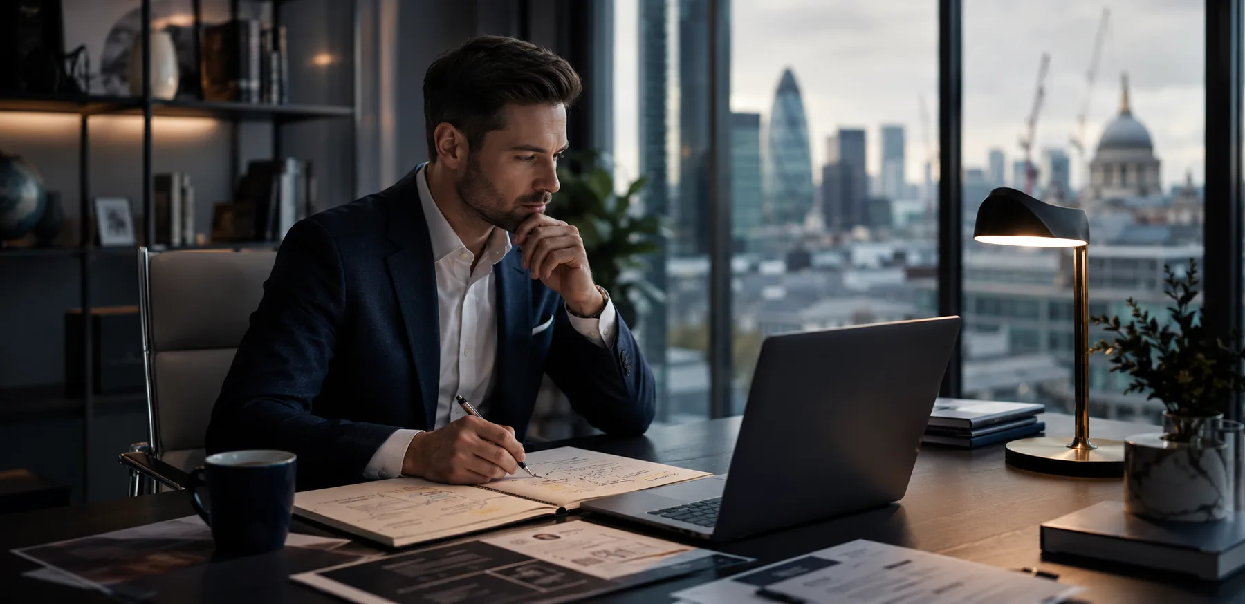 Professional finance candidate reviewing a job-search plan in a premium office setting