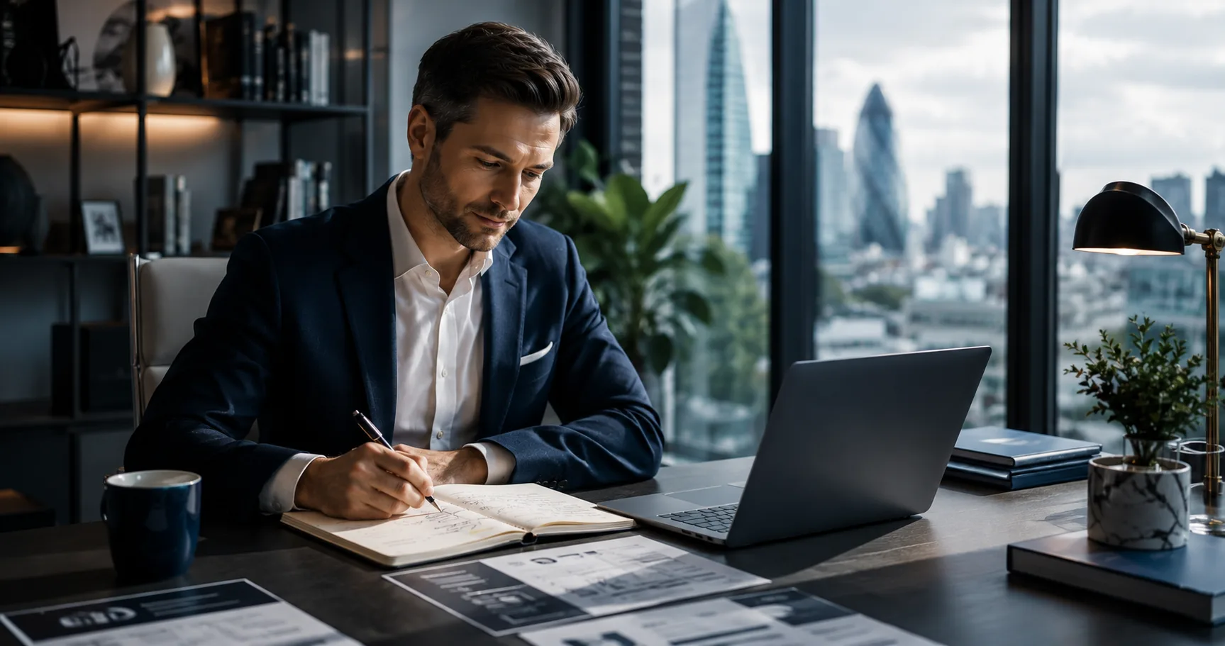 Candidate preparing for interviews with notes, CV drafts, and coaching materials