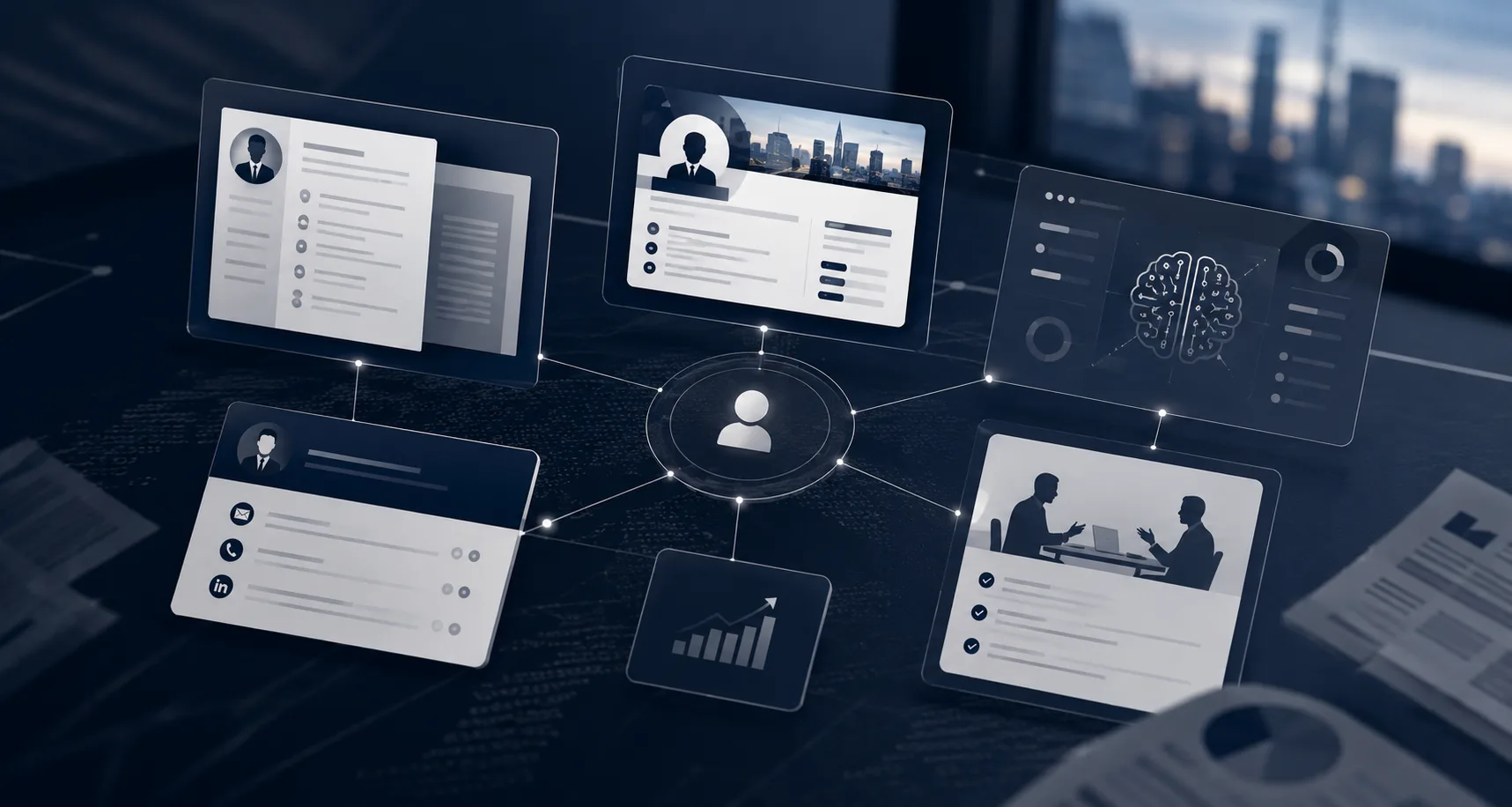 Structured job-search workflow materials laid out across a premium desk